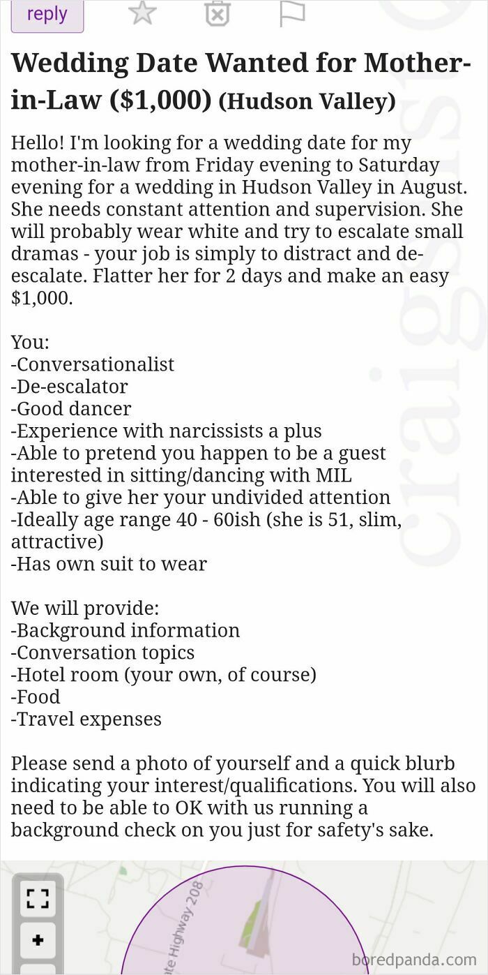 Wedding date ad seeking attentive companion for mother-in-law, offering $1,000, with job expectations and perks listed.
