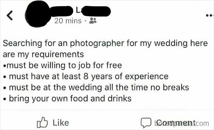 Social media post listing unrealistic requirements for a wedding photographer.
