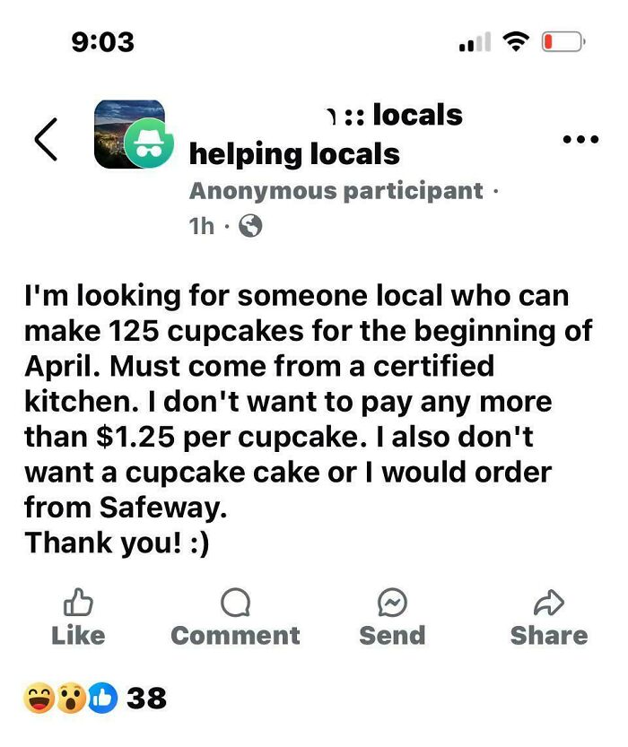 Online post of a choosy beggar seeking 125 certified cupcakes for $1.25 each, avoiding pre-made options.