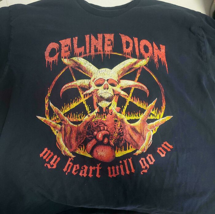 Black thrift store band t-shirt with a skull, heart, and the text my heart will go on in red and yellow colors.