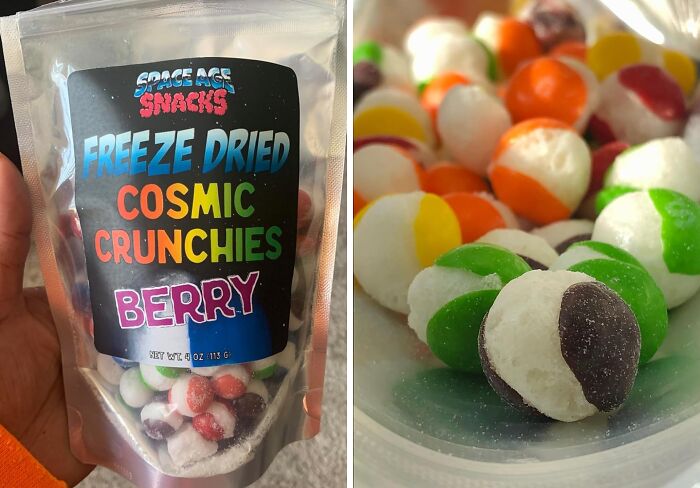 Freeze-dried cosmic crunchies in berry flavor, showcasing vibrant, colorful snacks sparking joy.