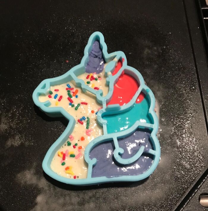 Unicorn-shaped pancake mold with colorful batter and sprinkles, exemplifying random Amazon finds that spark joy.