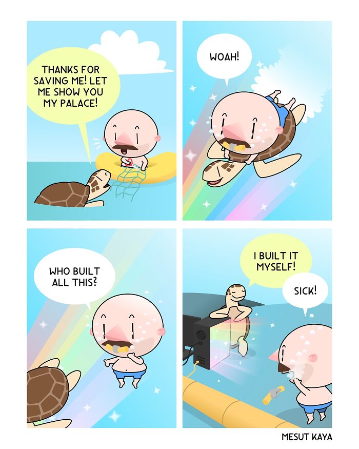 Comic by Mesut Kaya: A character is shown a palace built by a turtle, expressing amazement and excitement.