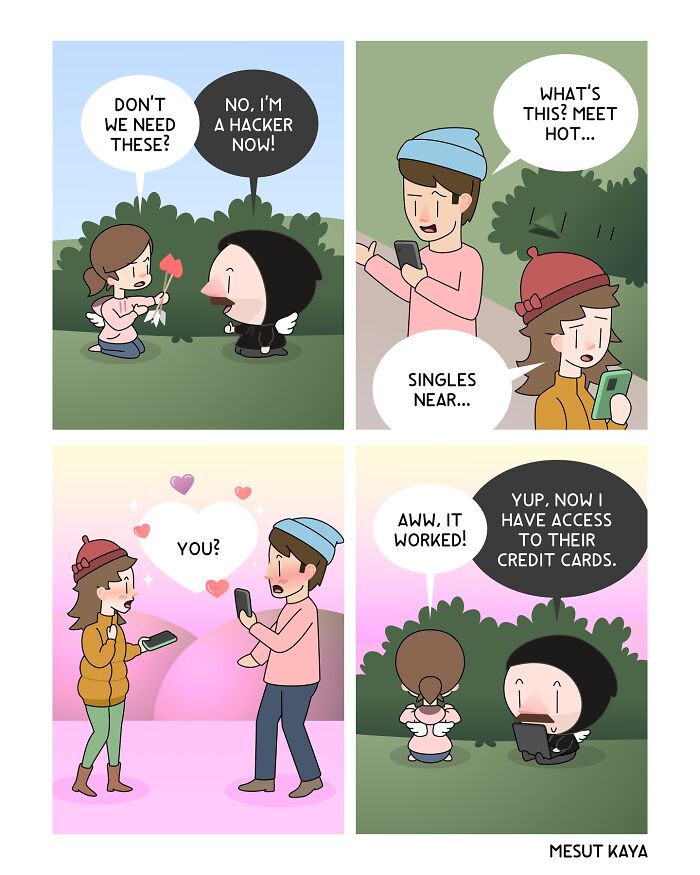 Funny comic by Mesut Kaya featuring a character using a dating app for hacking schemes.