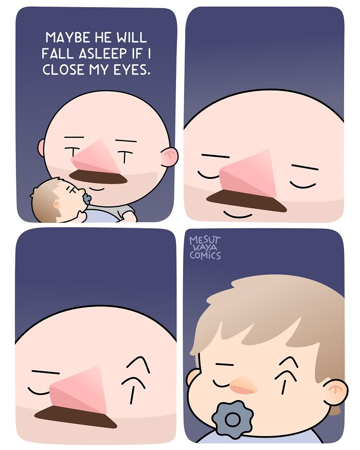 Comic by Mesut Kaya showing a person hoping baby will sleep, both closing their eyes humorously.