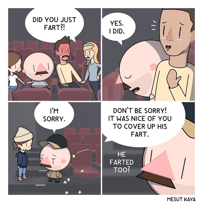 Funny comic by Mesut Kaya showing characters humorously discussing farting in a theater setting.
