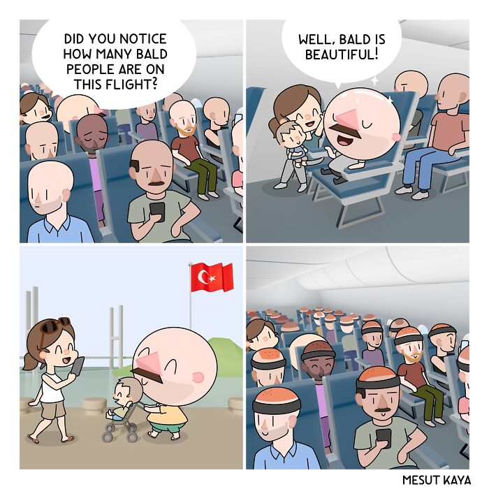 Funny comic by Mesut Kaya featuring a humorous take on bald passengers on a flight, emphasizing "bald is beautiful."