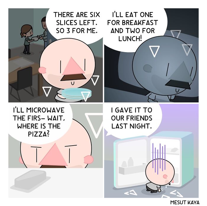 Funny comic by Mesut Kaya featuring a character's missing pizza dilemma.