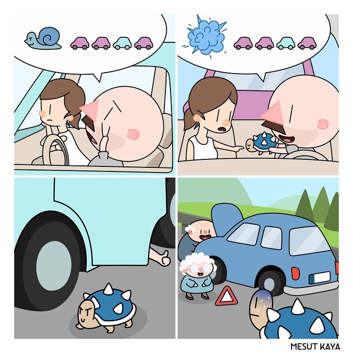 Funny comic by Mesut Kaya featuring a turtle, a couple in a car, and a roadside scene.