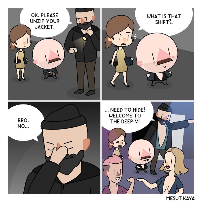 Funny comic by Mesut Kaya: characters react to a man in a funny deep V-neck shirt with humor and surprise.