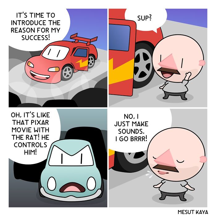 Funny comic by Mesut Kaya featuring cars and a character making funny sounds.