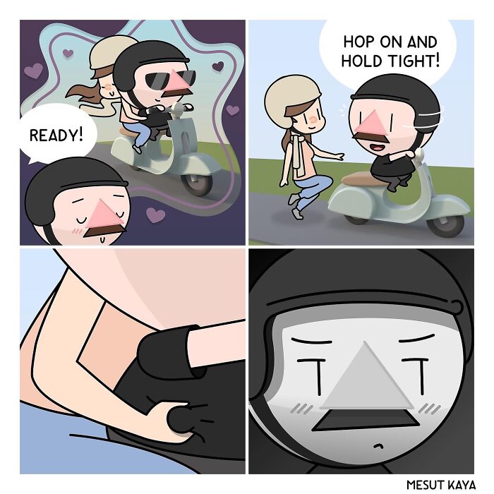 Funny comic by Mesut Kaya showing a couple on a scooter, entitled "Hop on and Hold Tight."
