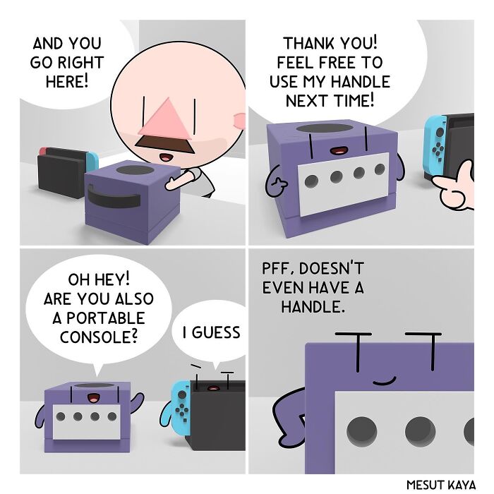 Funny comic by Mesut Kaya featuring a playful interaction between two game consoles.