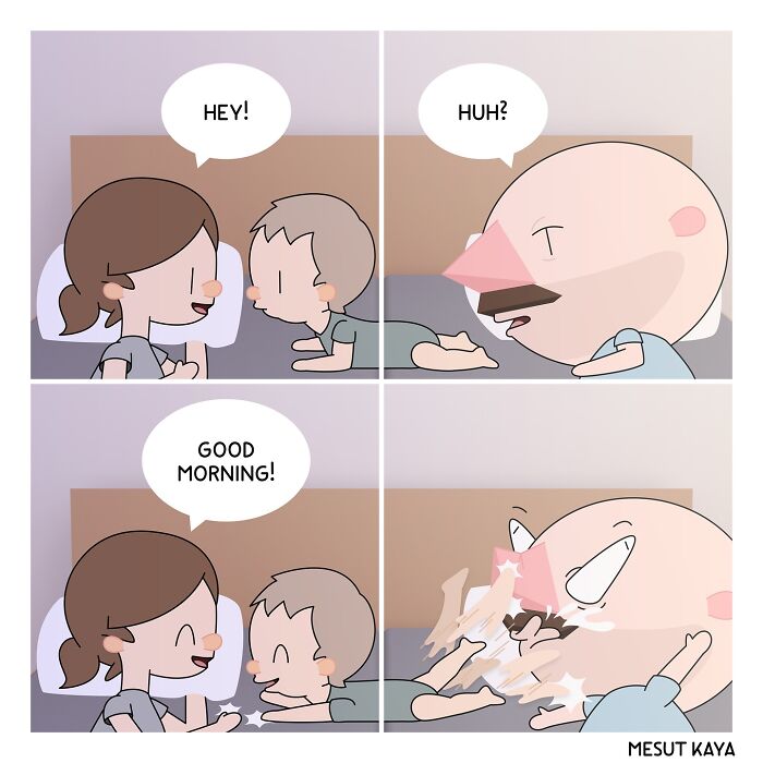 Funny comic by Mesut Kaya showing a humorous interaction between two characters in bed.