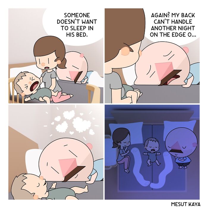 Funny comic by Mesut Kaya showing a parent struggling with a child who refuses to sleep in his own bed.