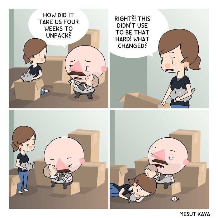 Funny comic by Mesut Kaya showing a couple exhausted from unpacking boxes over four weeks.