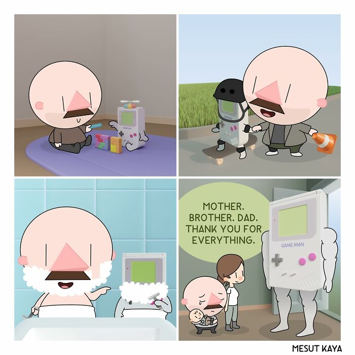 Funny comic by Mesut Kaya featuring a playful journey from childhood to adulthood with a humanoid game device.