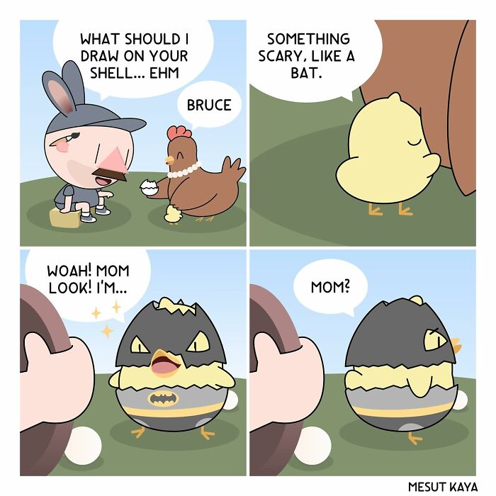 Funny comic by Mesut Kaya showing a chick dressed as a bat hero, surprising its mom with the costume.