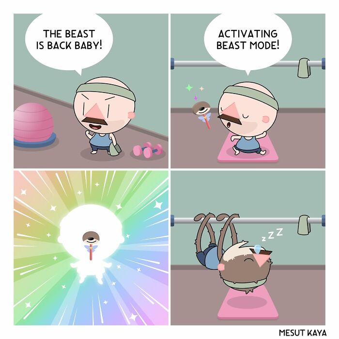 Funny comic by Mesut Kaya of a character activating beast mode but falling asleep on a pull-up bar.