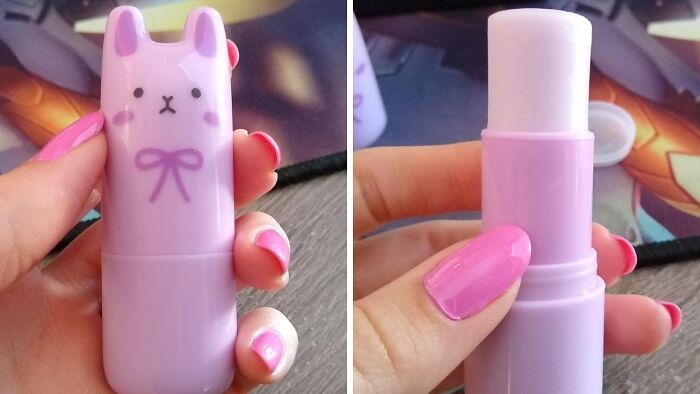 Cute bunny-shaped lip balm tube in pink, a random Amazon find that sparks joy with its adorable design.