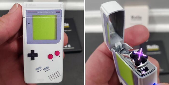 Retro Game Boy-style lighter from Amazon, igniting joy with its nostalgic design and unique spark feature.