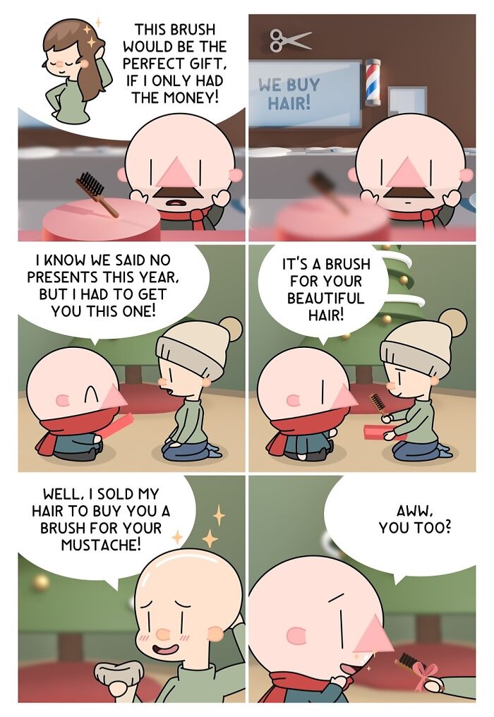 Funny comic by Mesut Kaya showing characters exchanging brushes as gifts in a humorous twist.