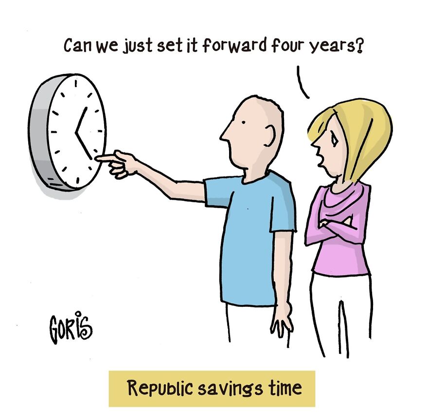 Cartoon on everyday life showing a man suggesting to set clock forward four years, illustrating a sensitive subject humorously.