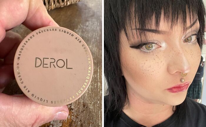 TikTok-influenced purchase of Derol liquid freckles, shown on a person with freckles applied.