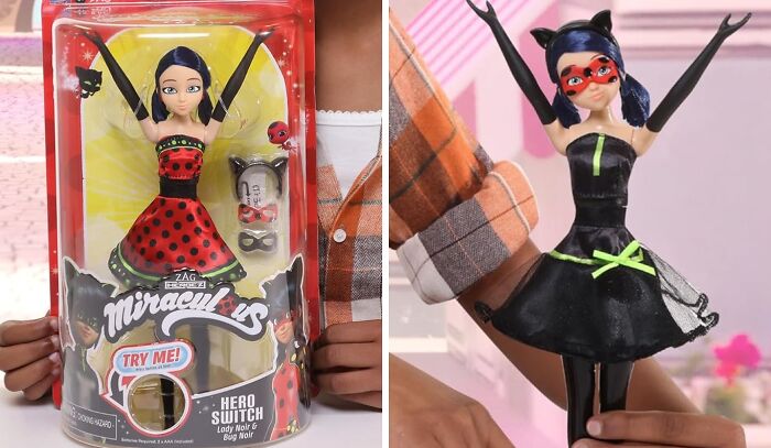 Miraculous Ladybug doll with hero switch feature in packaging and held by a person, TikTok-influenced purchase.