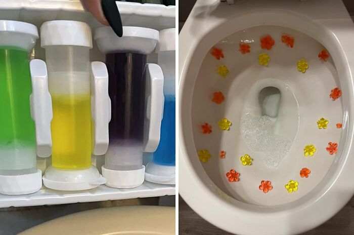 Colorful shower gel dispensers; toilet bowl with flower-shaped cleaners, inspired by TikTok-influenced purchases.