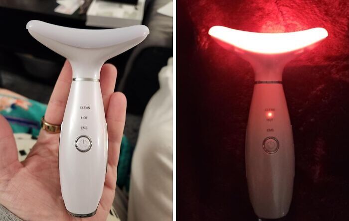 Hand holding a skincare device inspired by TikTok trends, and the device glowing red on a textured surface.