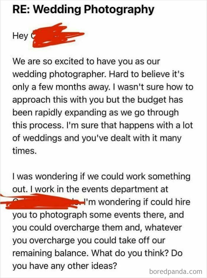 Email screenshot showing wedding photography negotiation about budget issues.