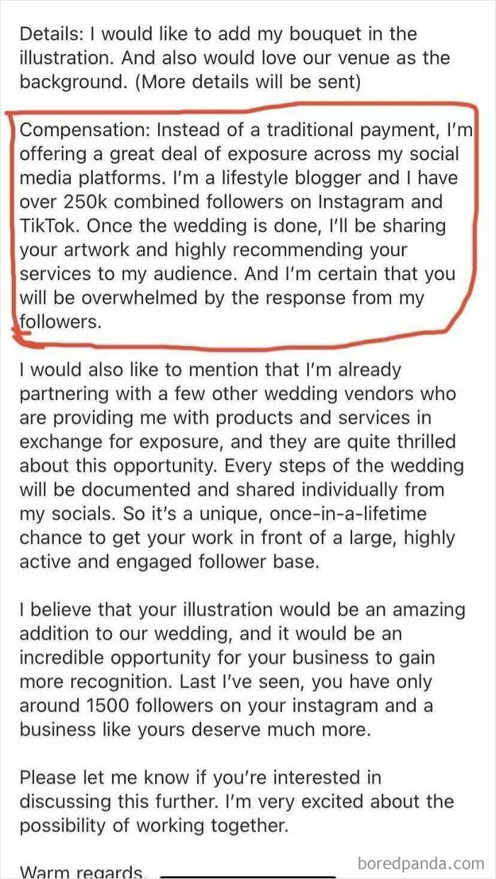 Wedding arrangement message offering exposure instead of payment for art illustration services.