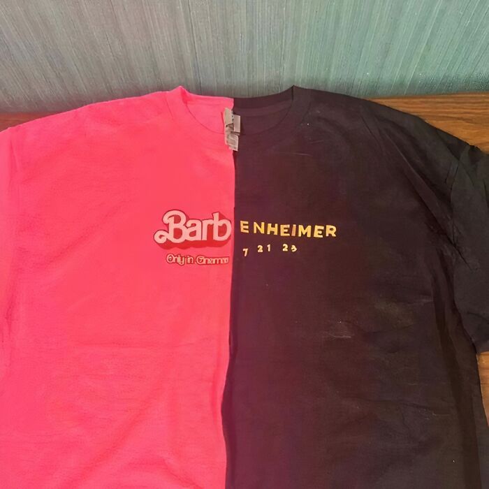Split T-shirt combining Barbie and Oppenheimer logos, symbolizing chaotic contrast.