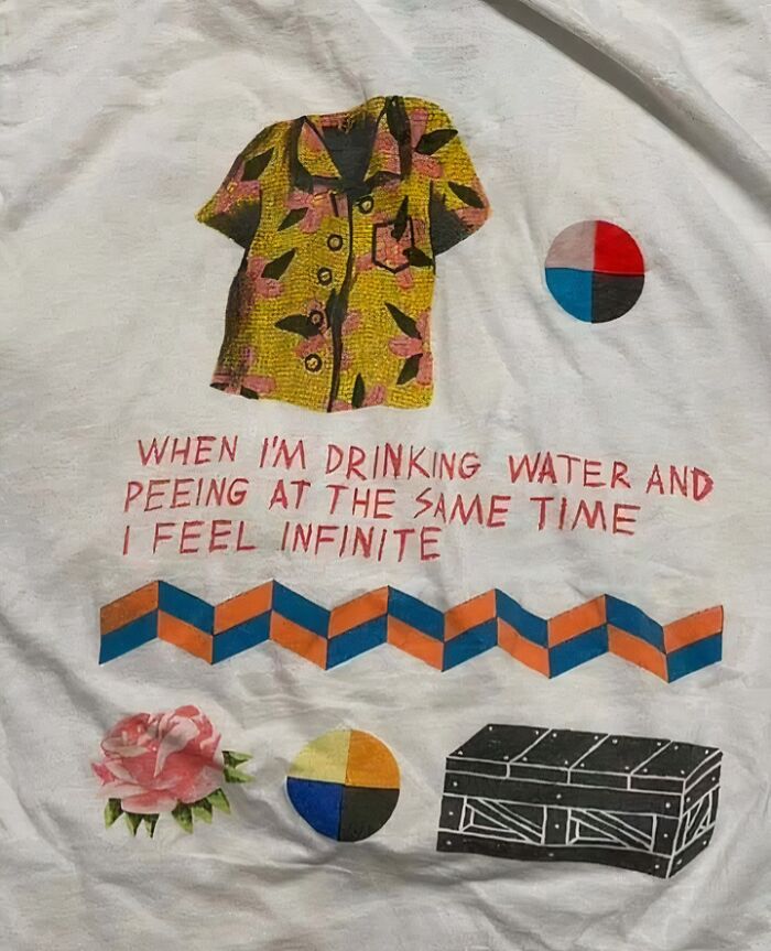 Chaotic t-shirt with playful design and funny text about drinking water.