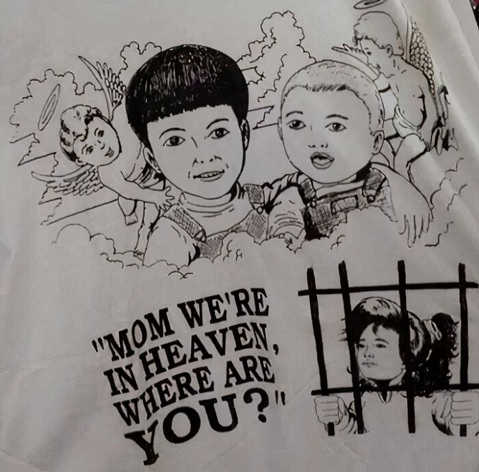 Chaotic T-shirt with cartoon angels and text: "Mom we're in heaven, where are you?", creating a humorous scene.