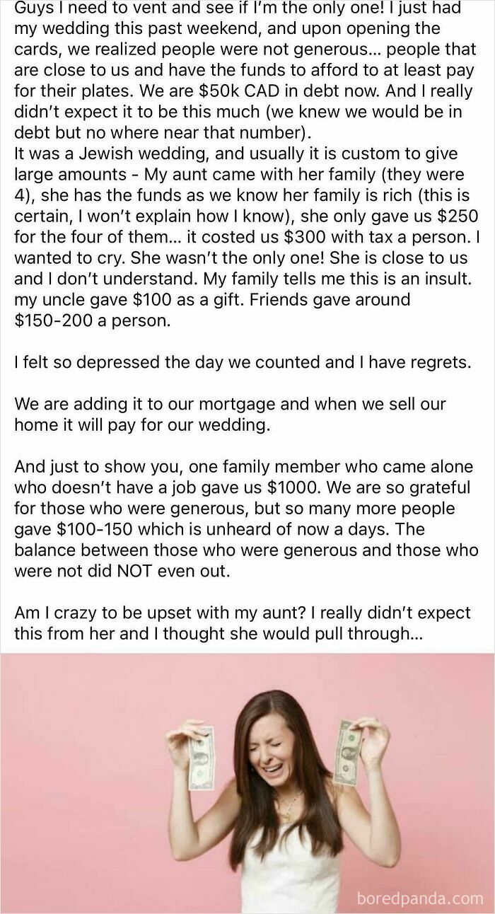 Bride feeling upset about wedding gift money, holding cash with a disappointed expression, text describing wedding debt.