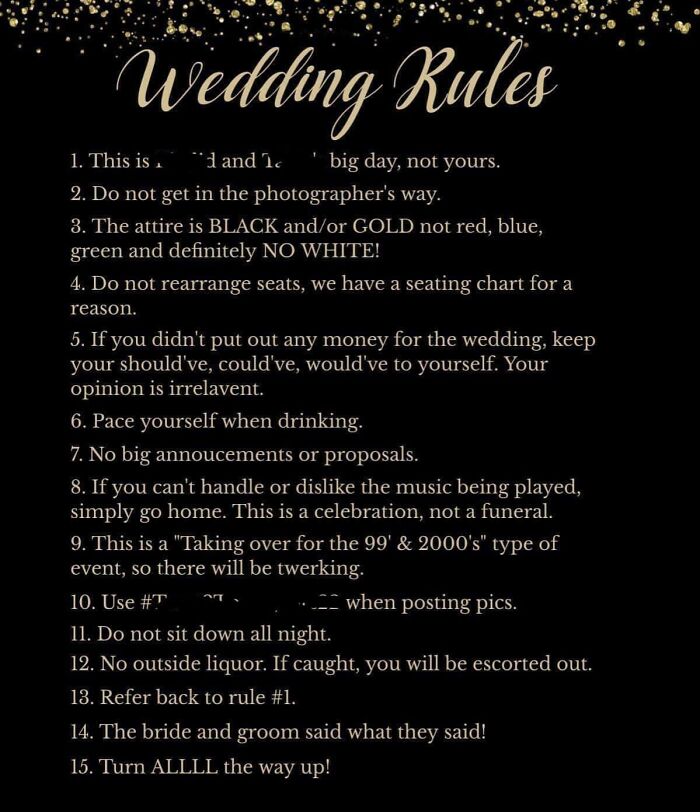 Wedding rules list with humorous guidelines, emphasizing celebration behavior and dress code.
