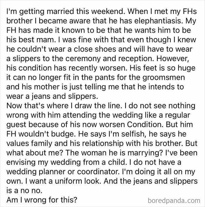 Text post discussing wedding attire issues with fiancé's brother's condition causing conflict.
