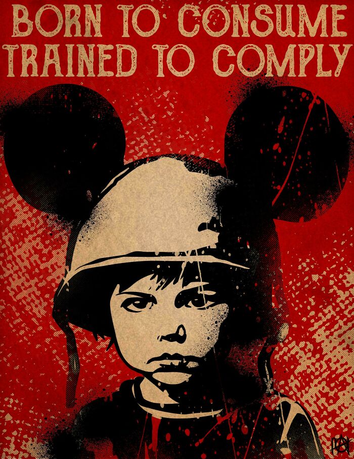 Child wearing a helmet with mouse ears against red background, illustrating powerful critique of consumerism and compliance culture.