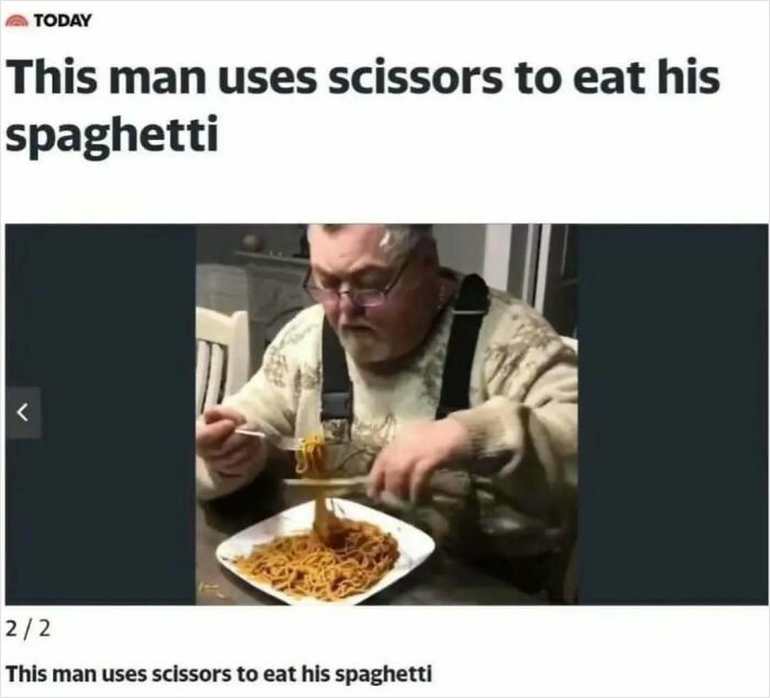 Man eats spaghetti with scissors, showcasing chaotic food meme.