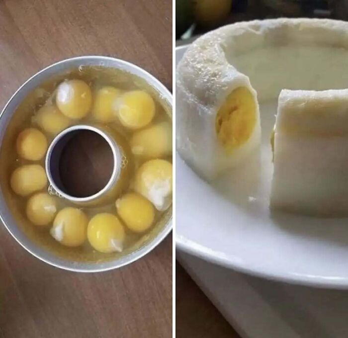 Egg ring mold before and after baking, showcasing chaotic food creativity.