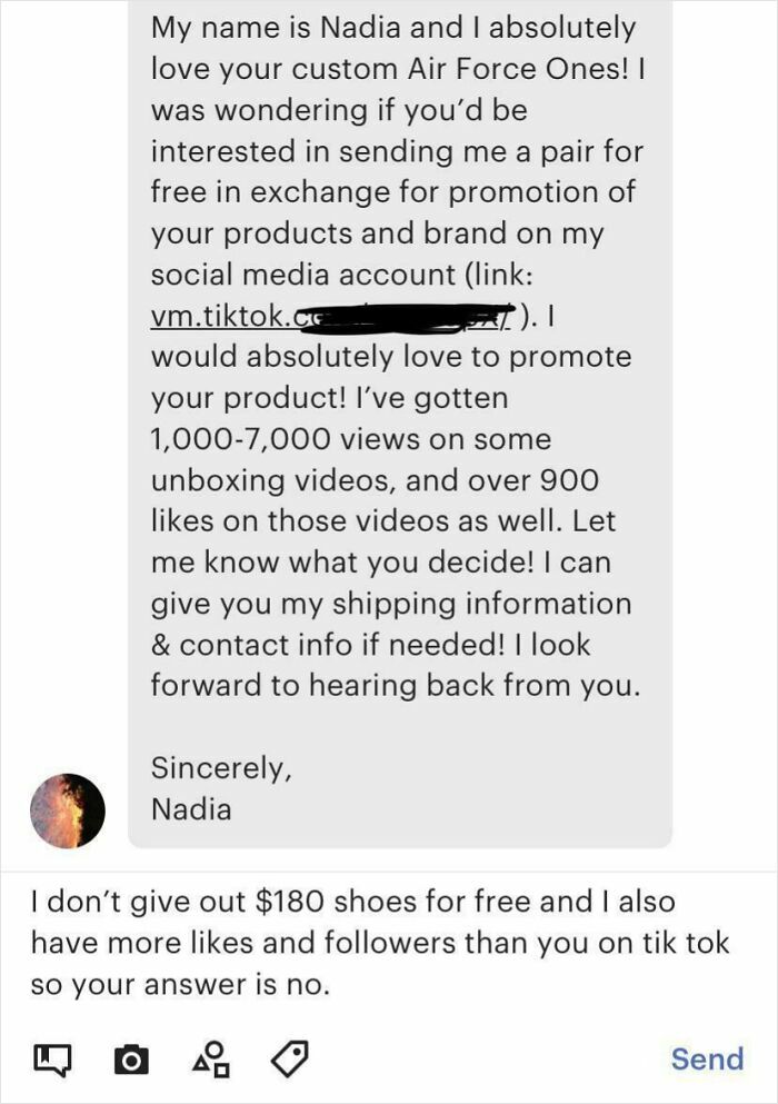 Screenshot of a message exchange showcasing infuriating entitled influencers seeking free products for promotion.