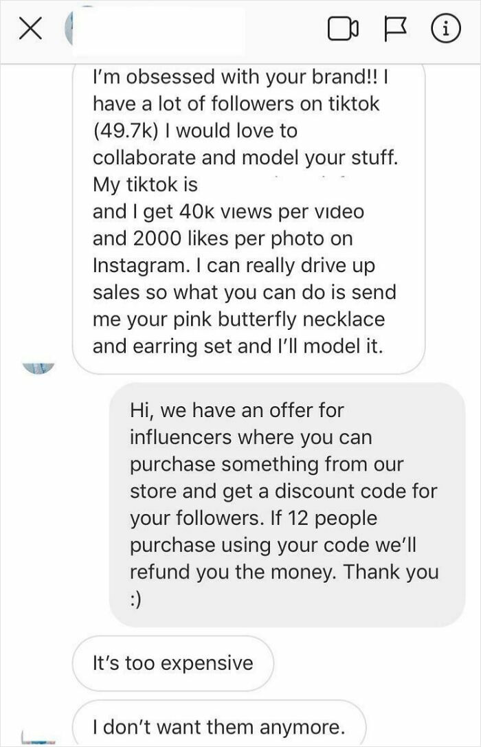 Chat exchange showing entitled influencers requesting free products for promotion.