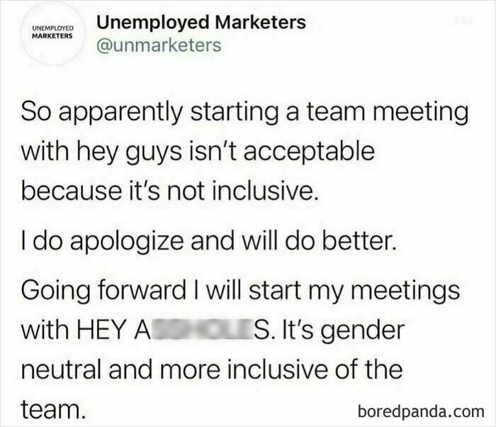Work-related humor meme about starting team meetings inclusively with a funny twist.