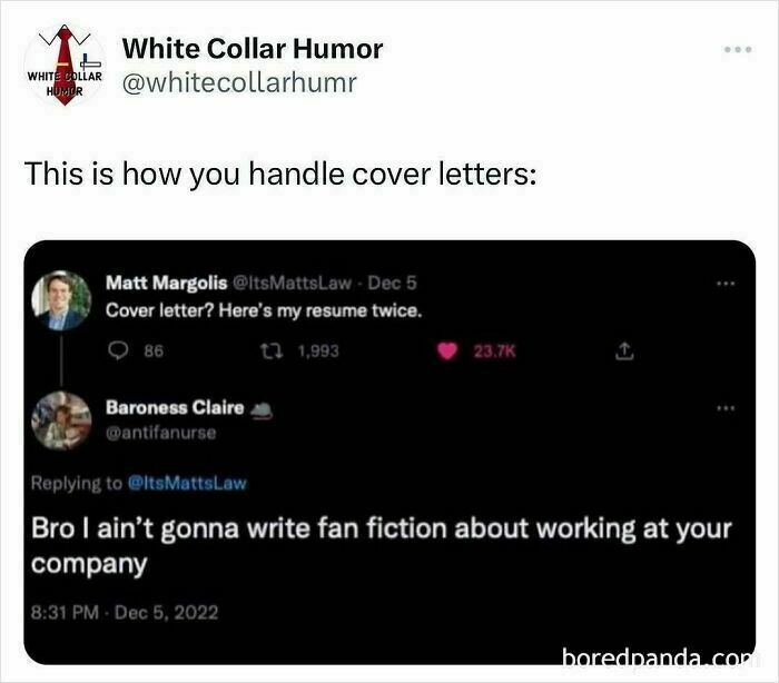 Funny meme about work-related humor, featuring a witty take on writing cover letters.