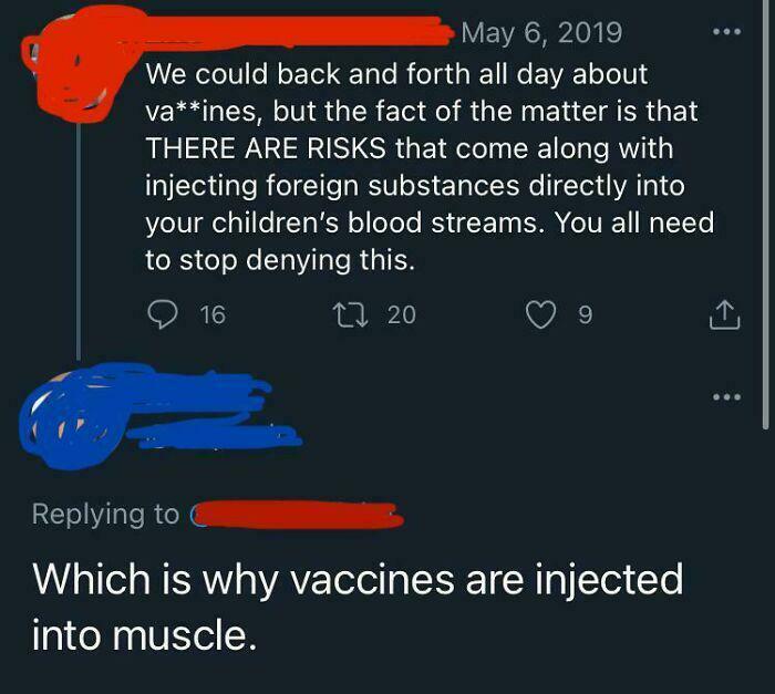 Screenshot of an online roast where someone corrects vaccine misinformation by explaining injection into muscle.