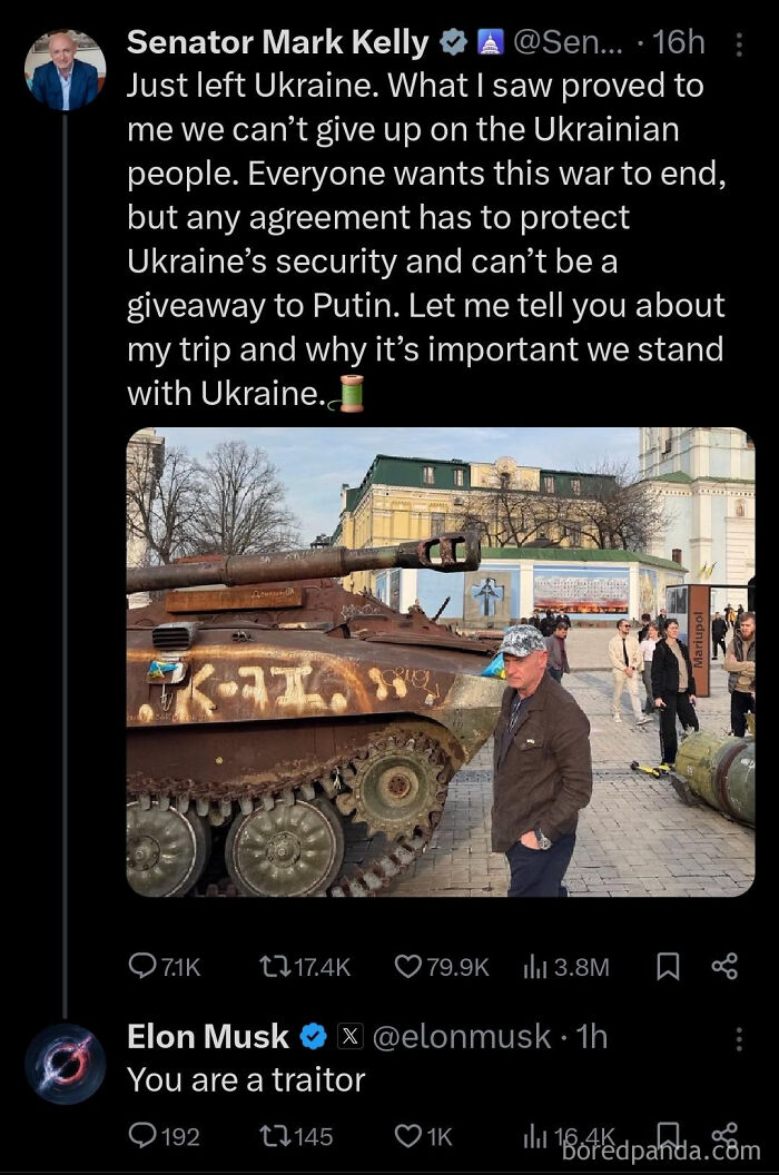 Twitter exchange about Ukraine, featuring a message about international support and criticism.