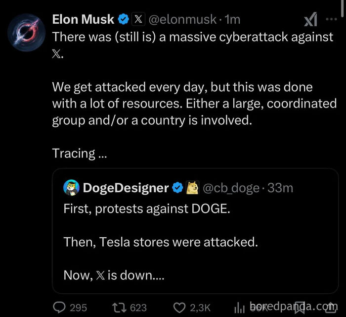 Tweet from Elon Musk about ongoing cyberattack, mentioning large group or country involvement. Protests, Tesla impacts noted.