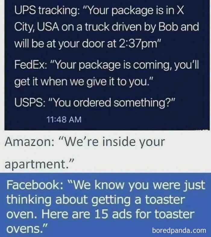 Humorous meme about package tracking and ads, featuring UPS, FedEx, USPS, Amazon, and Facebook.